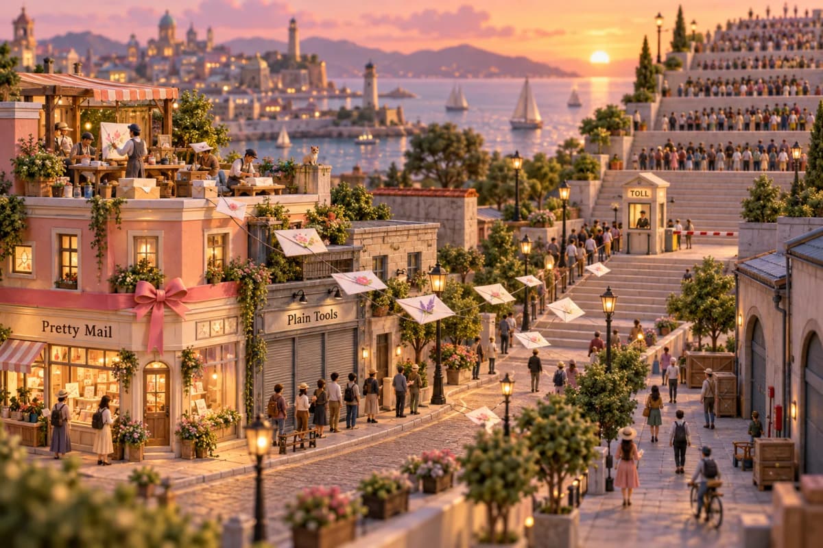 A pastel boutique district where a single ribbon-wrapped studio sends out paper-folded envelopes that glide down the avenue like tiny gliders, each one hand-painted by a rooftop cr