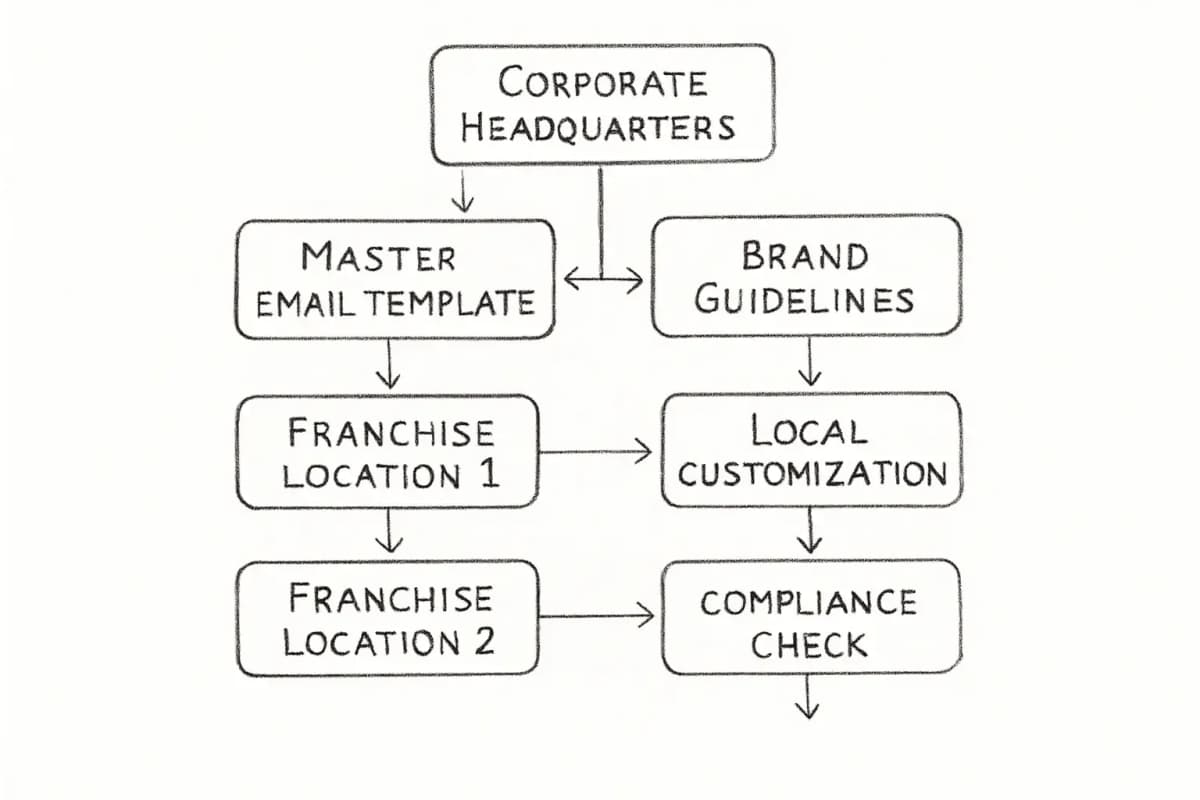 Diagramme d'architecture de l'email marketing pour franchises montrant le siège social en haut avec un modèle d'email maître et des directives de marque. Sous la couche d'entreprise, montrez plusieurs sites franchisés locaux (représentés comme 3-4 nœuds) chacun avec une couche de personnalisation. Utilisez des flèches pour montrer comment le modèle d'entreprise s'écoule vers les franchisés, puis montrez comment la personnalisation locale (offres spécifiques au site, détails de localisation, exigences de conformité régionales) est appliquée à chaque niveau de site. Incluez une séparation visuelle entre les éléments d'entreprise contrôlés (verrouillés/standard) et les éléments locaux personnalisables (champs éditables pour promotions, adresses, informations de contact locales). Le diagramme doit transmettre à la fois le contrôle centralisé et la flexibilité locale.
