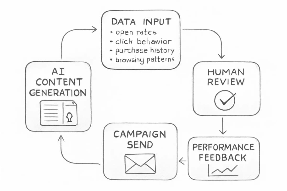Un diagramme de flux circulaire montrant le processus d'email marketing IA avec cinq étapes connectées : saisie de données (montrant des métriques comme les taux d'ouverture, le comportement de clic, l'historique des achats, les modèles de navigation), génération de contenu IA (montrant la sortie de texte et créative), examen humain (montrant la vérification de qualité et l'approbation), envoi de campagne (montrant la livraison) et boucle de retours de performance (montrant l'analytique retournant à la saisie de données). Les flèches connectent chaque étape dans la séquence, la boucle de retours retournant au début. Utilisez une esthétique tech moderne avec des couleurs bleu et bleu-vert.
