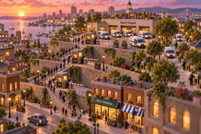 A compact downtown built as three ascending terraces, each wider than the one below, connected by ramps where streams of tiny commuters climb from the small lower street to the bro