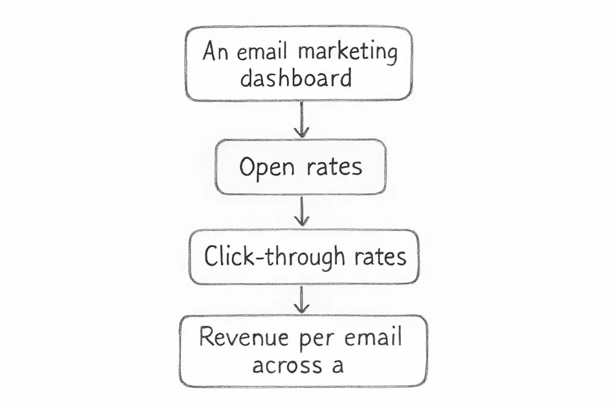 Un tableau de bord d'email marketing affichant les taux d'ouverture, les taux de clics et le revenu par email dans