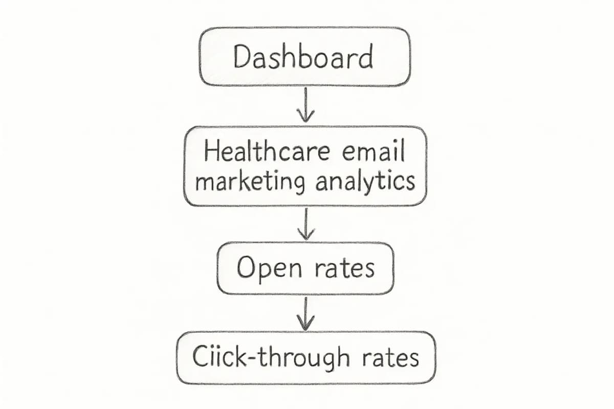Tableau de bord montrant l'analyse du email marketing santé y compris les taux d'ouverture, les taux de clic-throughs, un