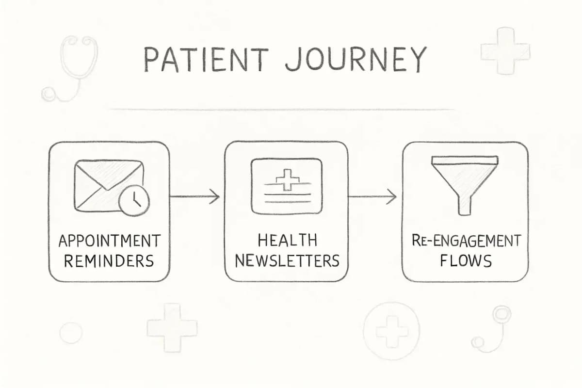 Diagramme du parcours patient montrant trois types de campagnes e-mailing santé disposés horizontalement sur une chronologie. Le nœud de gauche affiche une icône de rappel e-mail avec l'étiquette 'Rappels de rendez-vous'. Le nœud central affiche une icône de newsletter avec l'étiquette 'Newsletters santé'. Le nœud de droite affiche une icône d'entonnoir de réengagement avec l'étiquette 'Flux de réengagement'. Les flèches relient chaque étape montrant la progression dans le parcours patient. Code couleur: rappels en bleu, newsletters en vert, réengagement en orange. Incluez des éléments médicaux subtils comme des icônes de stéthoscope ou des croix médicales en arrière-plan. Palette de couleurs professionnelle médicale.