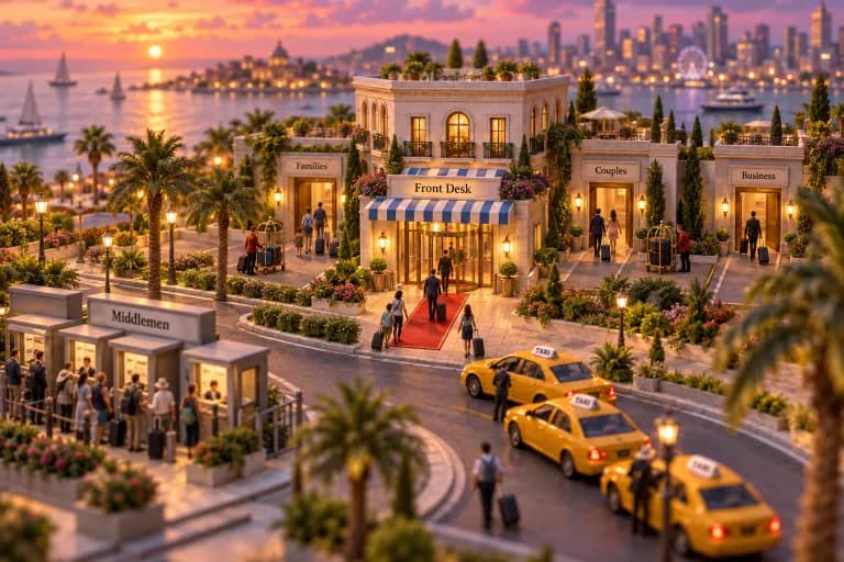 A palm-lined boulevard curves toward a small resort hotel with a striped awning and a sign reading "Front Desk," where a short red carpet runs straight from the curb to the revolvi