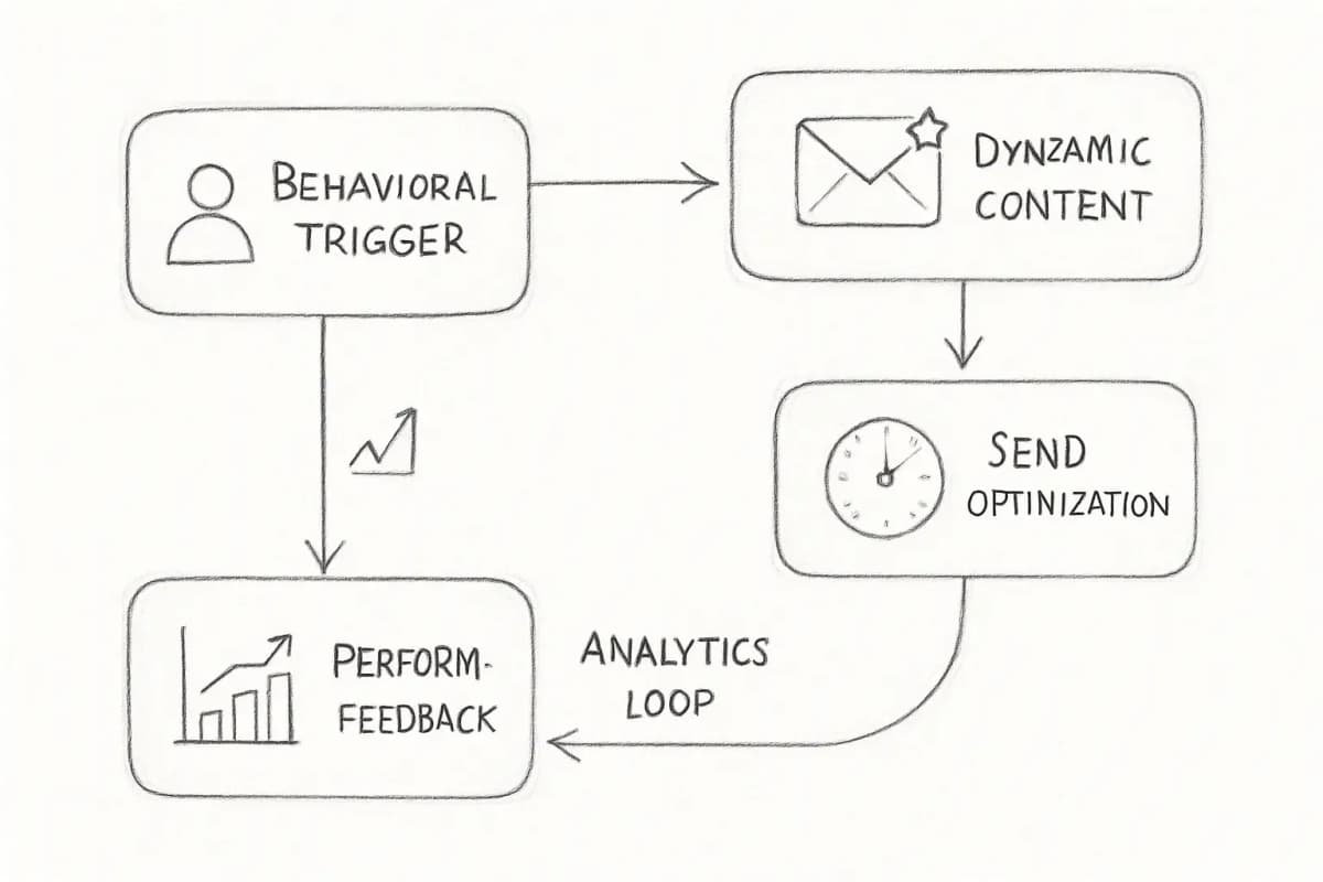 Diagramme de flux de travail d'automatisation email IA en email marketing montrant le cycle de vie complet de la campagne. Commencez par une boîte de déclencheur comportemental à gauche (représentant les actions ou préférences des abonnés). La flèche s'écoule vers la droite vers une boîte de personnalisation de contenu dynamique montrant la personnalisation email basée sur les données utilisateur. De là, une flèche s'écoule vers une boîte d'optimisation d'envoi montrant l'IA analysant les heures d'envoi optimales. Enfin, la flèche s'écoule vers une boîte de boucle de rétroaction de performance à droite qui renvoie les données d'analyse et d'engagement à la boîte de déclencheur, créant un système de rétroaction circulaire. Incluez des indicateurs visuels montrant les données circulant entre chaque étape avec des métriques de tendance haussière.