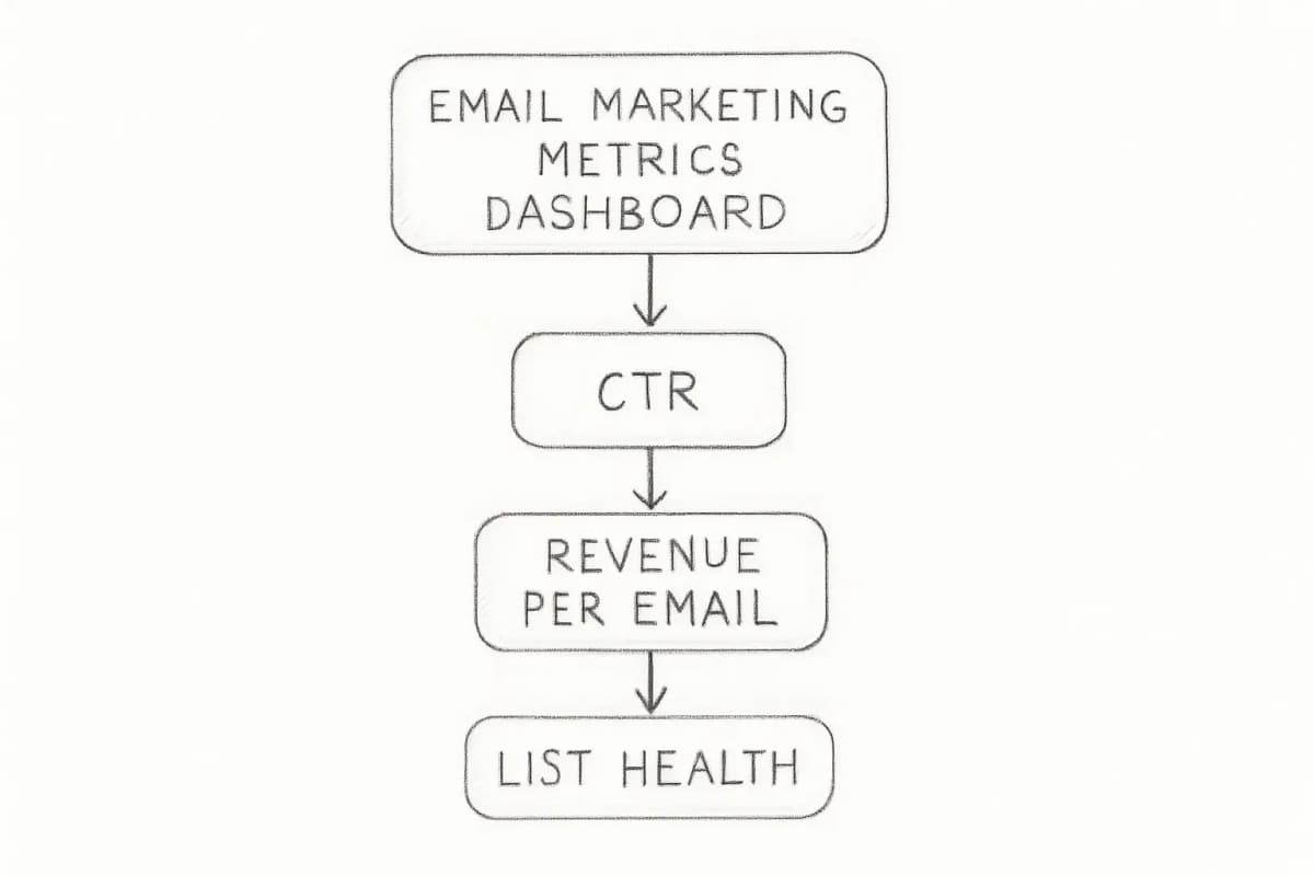Une illustration du tableau de bord des métriques du email marketing montrant le CTR, le chiffre d'affaires par email et la santé de la liste