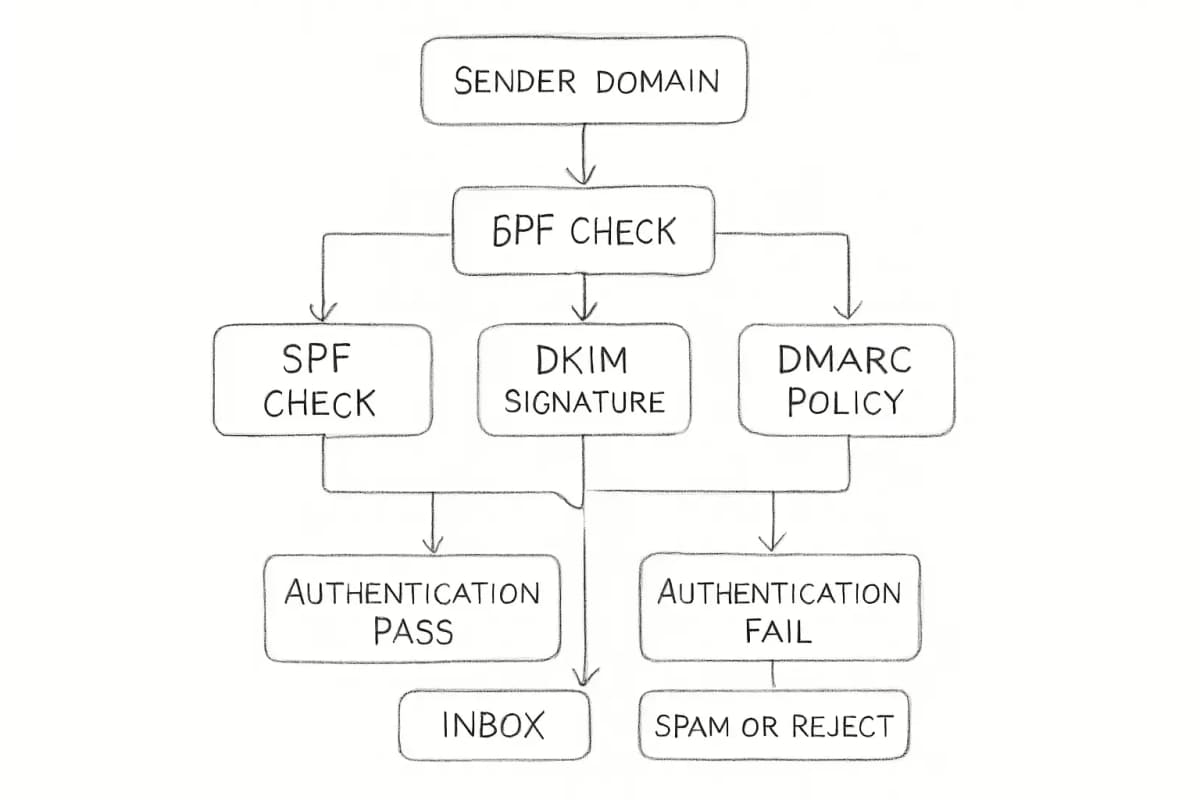 Technical email authentication flow diagram showing three parallel authentication protocols (SPF, DKIM, DMARC) and how they work together to verify sender identity. SPF checks the sending server IP against published DNS records. DKIM adds a cryptographic signature to the email header. DMARC sits above both, setting policy for how receivers should handle authentication failures. Show arrows flowing from sender through each protocol to the receiving mail server, with pass/fail outcomes leading to inbox or spam folder placement.