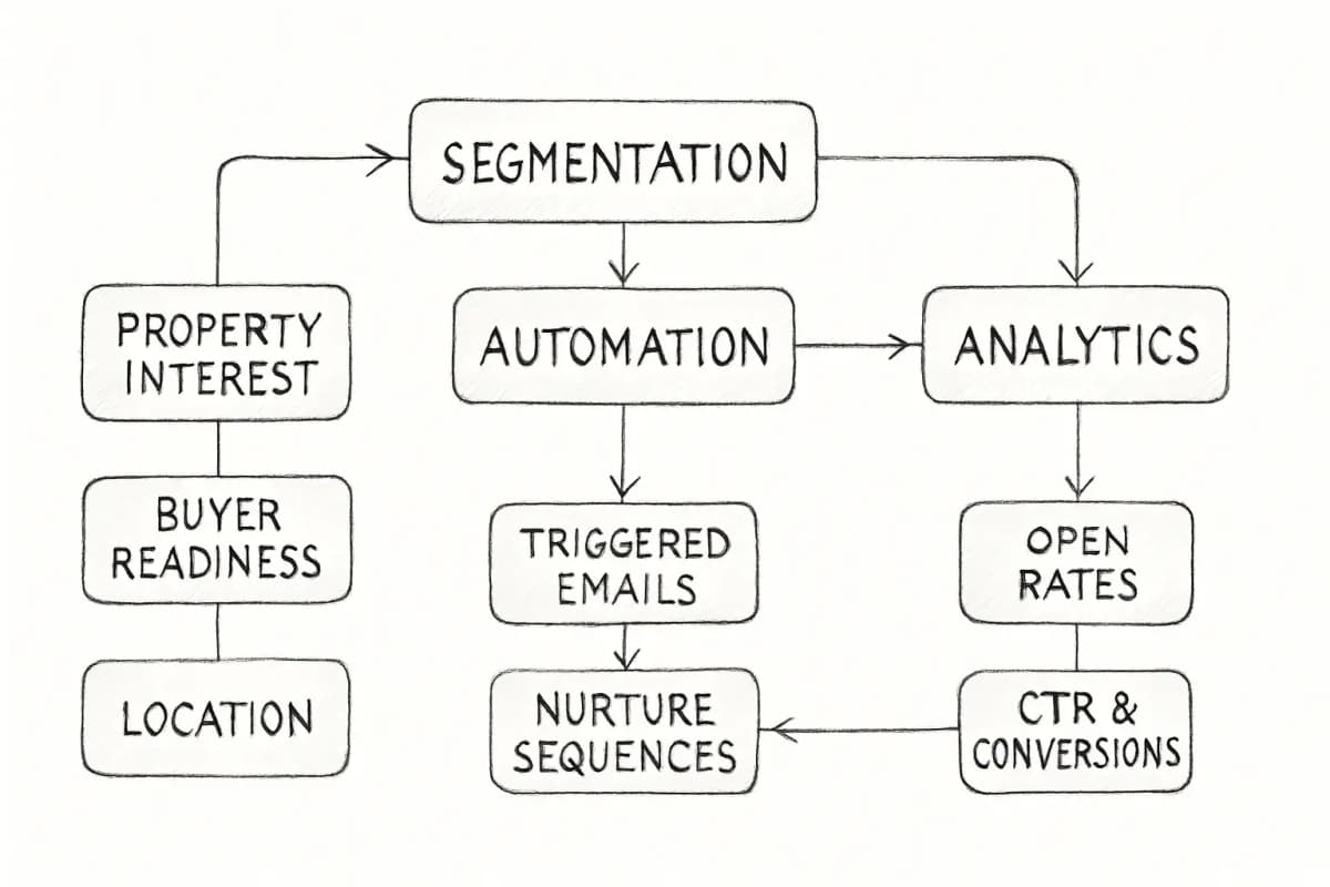 Diagramme de workflow email marketing immobilier montrant trois étapes connectées: Segmentation (diviser les contacts par intérêt immobilier, préparation d'acheteur, localisation), Automatisation (emails déclenchés pour les correspondances de propriété, suivi, séquences de nurturing), et Analytique (mesurer les taux d'ouverture, taux de clic, conversions). Affichez les flèches s'écoulant de gauche à droite connectant ces trois piliers principaux, avec une boucle de rétroaction de données retournant de l'Analytique à la Segmentation.