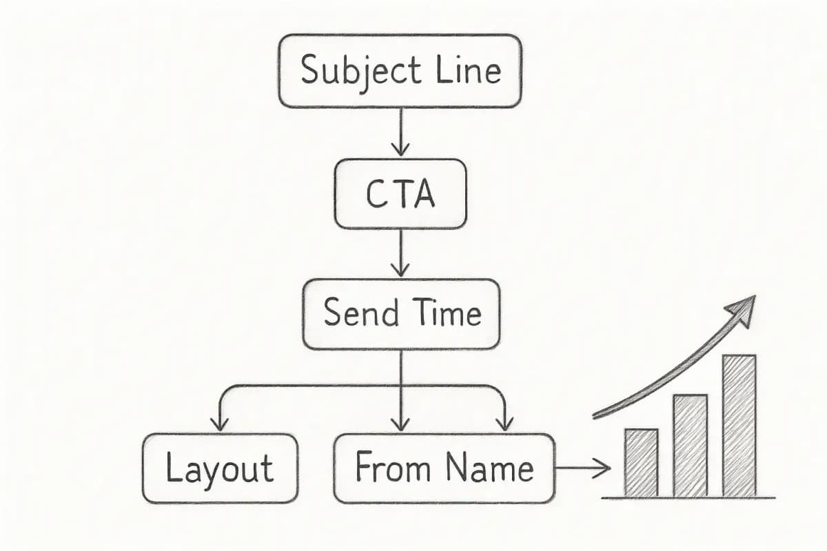 Infographie sur les éléments des tests A/B montrant cinq composants clés des emails que vous pouvez tester: objet, appel à l'action (CTA), heure d'envoi, mise en page des emails et nom de l'expéditeur. Chaque élément doit être affiché dans une boîte ou une icône séparée avec un libellé, disposés horizontalement ou en grille. Incluez un élément visuel indiquant que les petites améliorations dans chaque domaine s'accumulent pour créer des gains globaux significatifs. L'infographie doit montrer que tester ces variables conduit à des améliorations mesurables des performances.