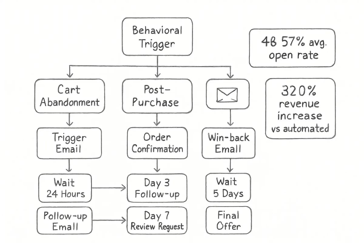 Email automation workflow diagram showing three parallel triggered sequences. Starting from a central 'Behavioral Trigger' node, three paths branch out: (1) Cart Abandonment sequence with emails at key time intervals, (2) Post-Purchase sequence with order confirmation and follow-up emails, (3) Re-engagement sequence targeting inactive subscribers. Each path shows multiple email touchpoints connected by arrows, with timing indicators between steps. Include metrics callout boxes showing 48.57% average open rate for automated emails and 320% revenue increase compared to non-automated messages.
