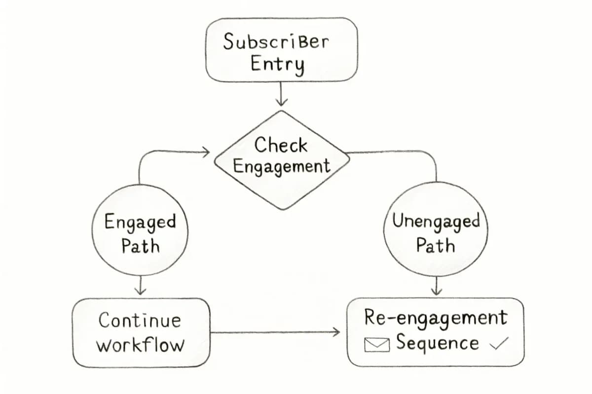 Organigramme de flux de travail d'email automatisé montrant un abonné entrant en haut, passant par un losange de décision étiqueté 'Engagé?', puis se divisant en deux chemins: chemin gauche pour les abonnés engagés continuant à travers le flux, chemin droit pour les abonnés non engagés entrant dans une séquence de réengagement. Inclure des indicateurs visuels (coches, flèches) montrant les envois d'email, les périodes d'attente et les divisions conditionnelles en fonction des métriques d'engagement.