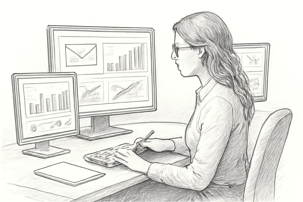 Email marketing manager at desk reviewing campaign analytics on multiple screens