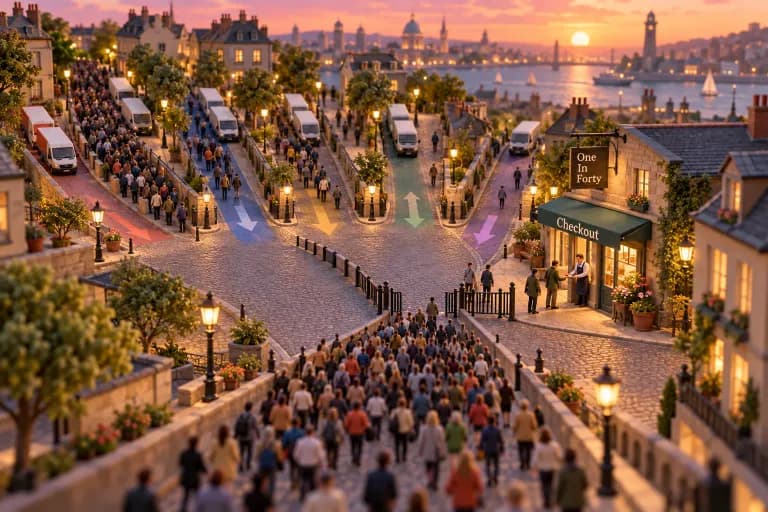 A wide boulevard packed with tiny commuters narrows into a funnel-shaped plaza, where crossing gates let only a thin single-file line continue down a short cobbled lane to a corner