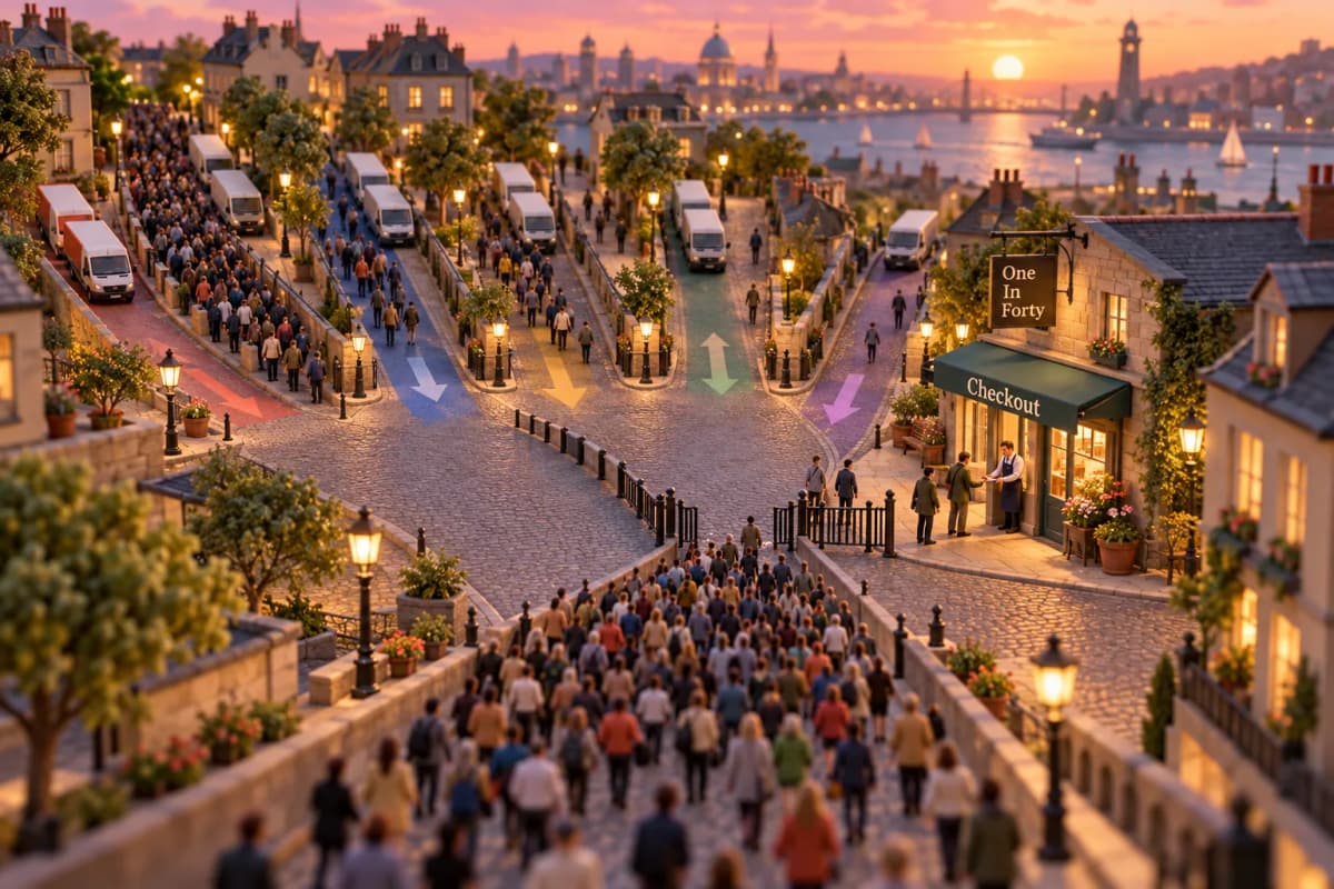 A wide boulevard packed with tiny commuters narrows into a funnel-shaped plaza, where crossing gates let only a thin single-file line continue down a short cobbled lane to a corner