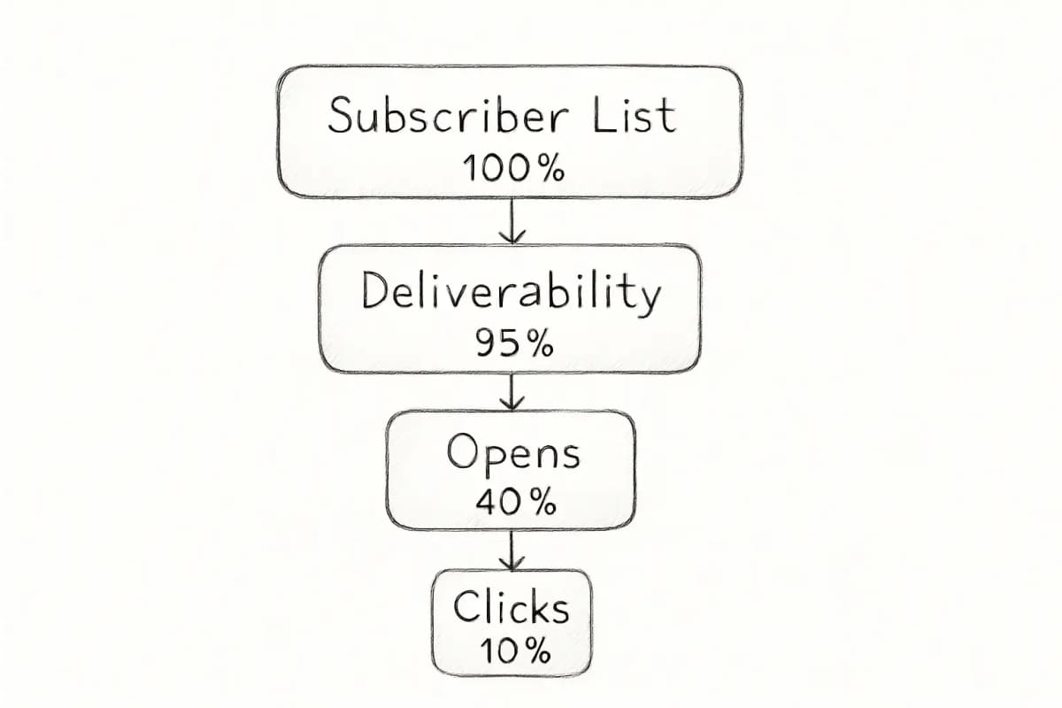 Diagramme d'entonnoir de portée email montrant quatre couches de filtrage séquentielles empilées verticalement. En commençant par le haut avec la liste d'abonnés (la plus grande), passant par la délivrabilité (plus petite), puis les ouvertures (encore plus petite) et enfin les clics (la plus petite en bas). Chaque couche doit progressivement être plus étroite pour représenter visuellement comment chaque indicateur filtre davantage l'audience. Incluez des pourcentages ou des chiffres sur chaque couche pour montrer l'effet de filtrage. Utilisez une forme d'entonnoir nette avec des flèches claires reliant chaque étape vers le bas.