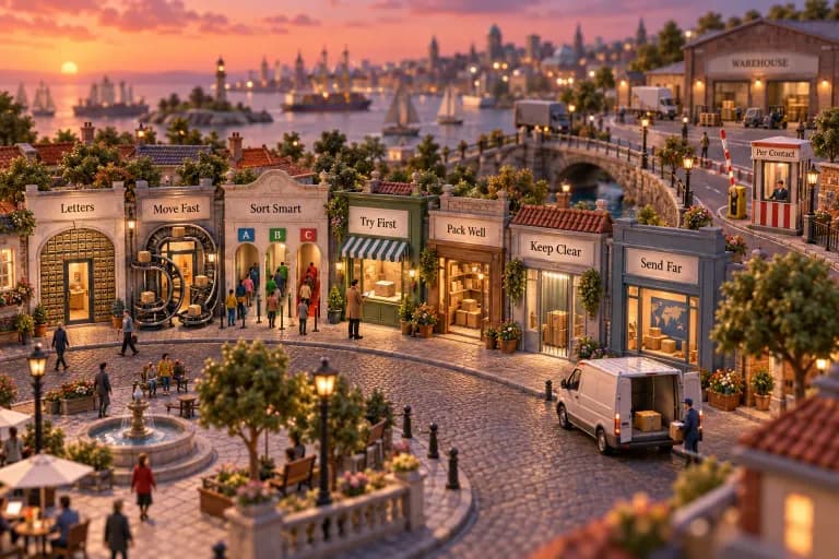 A compact town square where seven narrow storefronts stand shoulder to shoulder along one curved street, each with a different doorway: one framed by mail slots, one by looping con