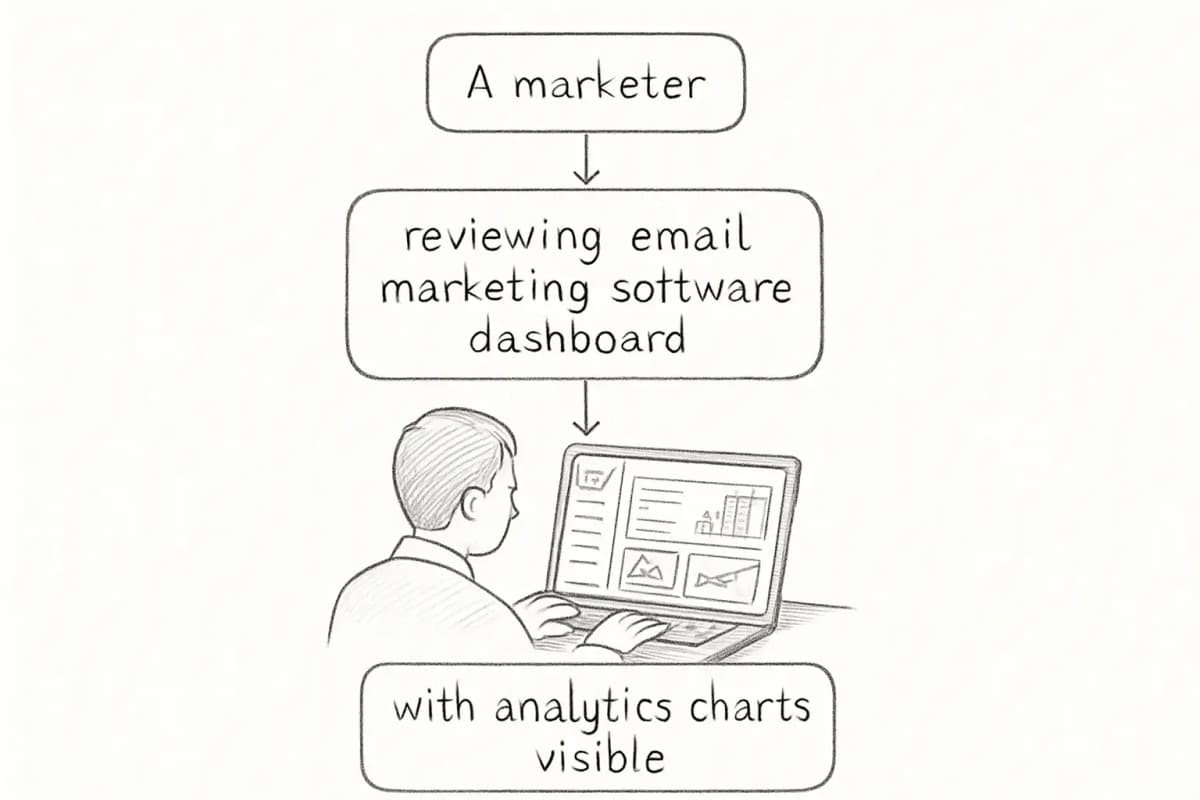 Un marketer examinant le tableau de bord d'un logiciel d'email marketing sur un ordinateur portable avec des graphiques d'analyse visibles