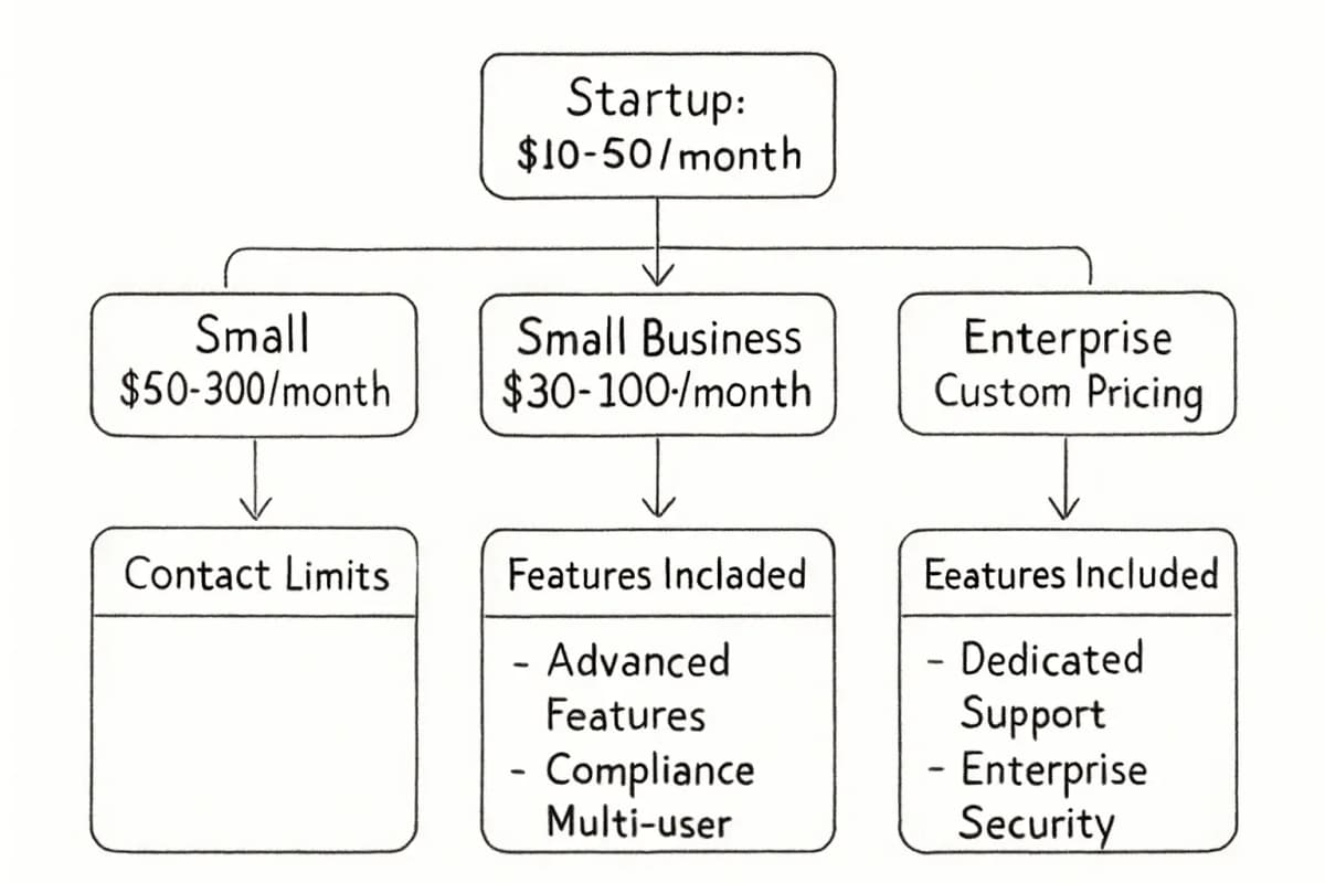 Un graphique de comparaison hiérarchisé montrant les tarifs et fonctionnalités des logiciels d'email marketing organisés par taille d'entreprise (Startup, Petite entreprise, Niveau intermédiaire, Entreprise). Le graphique affiche trois colonnes par niveau montrant: (1) la gamme de prix mensuel typique, (2) les limites de contacts et (3) les fonctionnalités clés incluses. Le niveau Startup affiche les options budgétaires autour de 10-50 euros par mois, la Petite entreprise affiche 50-300 euros par mois avec des fonctionnalités avancées, le Niveau intermédiaire affiche 300-1000+ euros par mois avec conformité et support multi-utilisateurs, le niveau Entreprise affiche un tarif personnalisé avec support dédié et sécurité de niveau entreprise. Utilisez un format tableau propre ou en barres empilées avec un code couleur pour distinguer les niveaux et rendre les gammes de prix visuellement comparables.