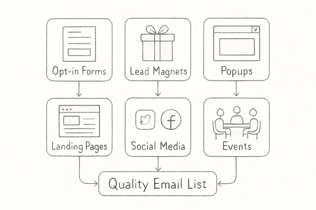 Diagramme visuel en six parties montrant les méthodes de construction de liste email. Affichez six boîtes égales arrangées dans une grille 2x3, chacune étiquetée avec une méthode de collecte différente. Utilisez des icônes ou des graphiques simples pour représenter chaque méthode: une icône de formulaire pour les formulaires d'opt-in, une boîte-cadeau pour les lead magnets, une fenêtre de popup pour les popups, une maquette de page de destination pour les pages de destination, des icônes de médias sociaux pour les médias sociaux, et des personnes à une table de conférence pour les événements. Connectez chaque boîte avec des lignes subtiles à un hub central intitulé "Quality Email List" pour montrer comment toutes les méthodes alimentent la construction d'une base d'abonnés conforme et engagée. Utilisez un schéma de couleurs professionnel avec des bleus et des verts pour correspondre aux thèmes du marketing par email.