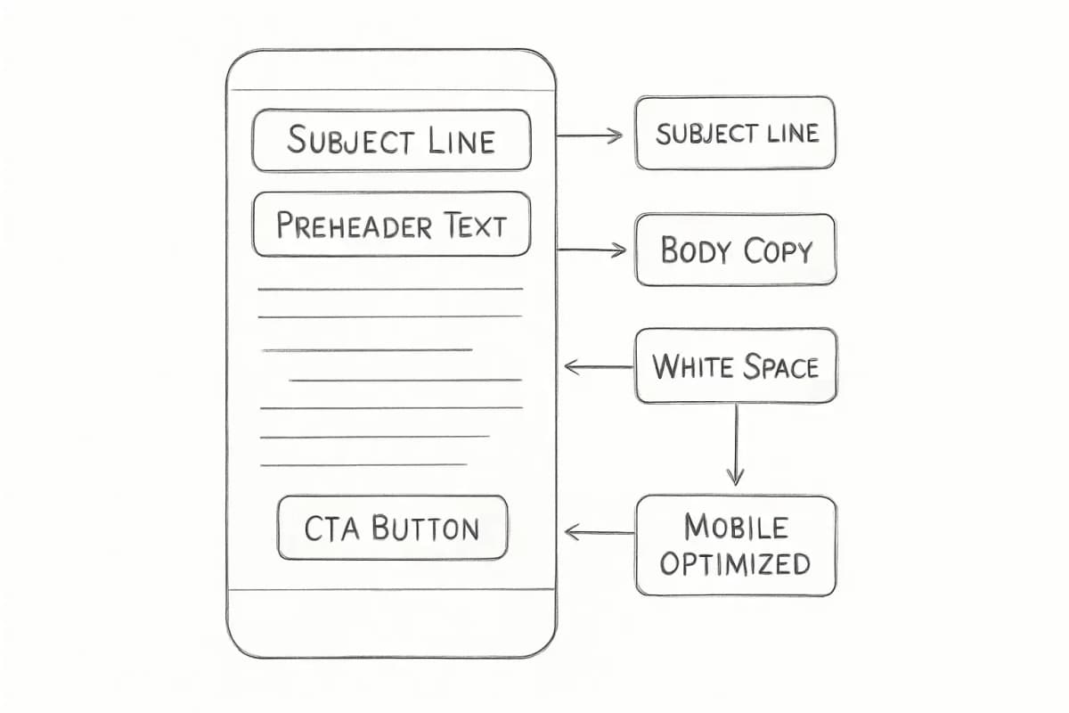 Diagramme de disposition du modèle d'email montrant la structure anatomique d'une campagne d'email efficace. Affiche une simulation d'email verticale avec des sections clairement étiquetées: ligne d'objet en haut (dans la zone d'en-tête), texte d'en-tête au-dessous (aperçu de texte gris), section principale du corps avec des paragraphes courts et beaucoup d'espace blanc, et un bouton CTA bien visible en bas. Inclut un indicateur de vue mobile pour montrer un design réactif. Utilisez un design propre et professionnel avec un fond clair et du texte foncé pour souligner la lisibilité et la structure.