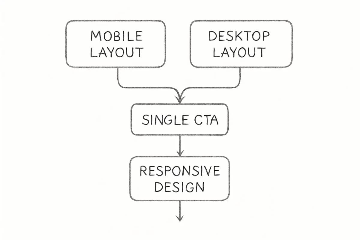 Diagramme de comparaison côte à côte montrant la mise en page d'email mobile sur la gauche et la mise en page d'email de bureau sur la droite. Les deux mises en page affichent un design d'email propre avec un appel à l'action unique pour un magasin Shopify. La version mobile affiche une mise en page verticale et empilée optimisée pour les écrans étroits avec un bouton CTA proéminent. La version de bureau affiche une mise en page plus large avec une meilleure utilisation de l'espace horizontal tout en maintenant le même focus sur un seul CTA. Les deux devraient présenter un style d'email professionnel avec une hiérarchie claire, un texte minimal, l'imagerie des produits ou les détails de promotion, et un bouton d'appel à l'action unique et en gras. Incluez des étiquettes en haut identifiant 'Mobile Layout' et 'Desktop Layout'.