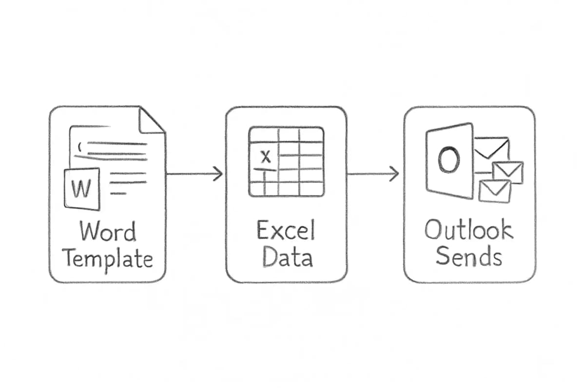 Diagramme de flux de fusion et publipostage Outlook montrant trois étapes connectées en séquence: (1) document Microsoft Word avec champs de modèle à gauche, (2) feuille de calcul Excel avec données de contact au centre, (3) Microsoft Outlook avec emails fusionnés à droite. Les flèches s'écoulent de gauche à droite reliant chaque étape. Affichez des icônes ou des étiquettes pour chaque application et indiquez les données s'écoulant d'Excel dans Word, puis les emails fusionnés finaux apparaissant dans Outlook.