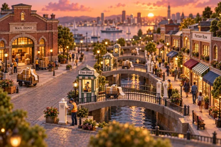 A miniature downtown where a single wide boulevard runs from a tidy brick mail depot to a row of tiny partner shopfronts, with slim pedestrian bridges arcing between them; small ca