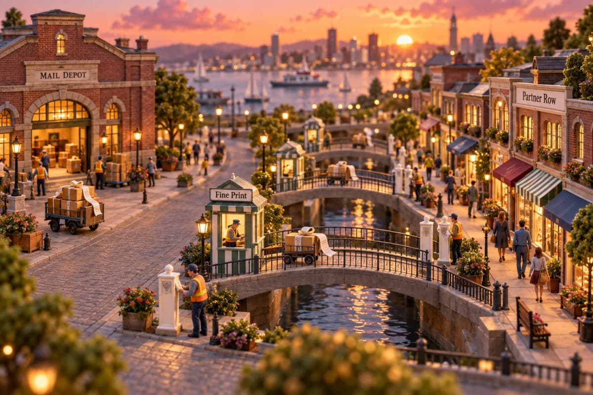 A miniature downtown where a single wide boulevard runs from a tidy brick mail depot to a row of tiny partner shopfronts, with slim pedestrian bridges arcing between them; small ca