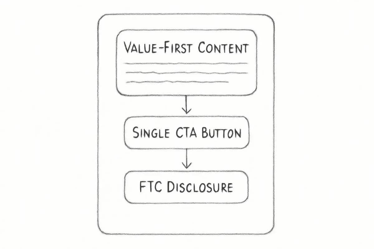 Diagramme d'anatomie de modèle d'email montrant trois sections clés d'un email d'affiliation: section supérieure intitulée 'Contenu d'abord la valeur' avec exemple de texte du corps, section du milieu mettant en évidence un simple 'Bouton d'appel à l'action' en couleur contrastante et section inférieure montrant 'Divulgation FTC' le texte d'avertissement en police plus petite. Les flèches ou les connexions visuelles indiquent la relation entre chaque composant. La mise en page doit ressembler à un aperçu d'email typique avec des proportions réalistes.