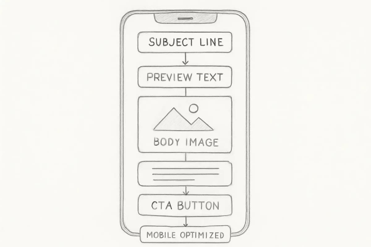 Diagramme de structure de modèle email montrant les composants clés d'une disposition email optimisée dans l'ordre vertical: ligne d'objet en haut, texte d'aperçu en dessous, image héros au milieu, section de copie du corps avec des paragraphes courts et un bouton CTA proéminent en bas. Inclure la hiérarchie visuelle pour montrer l'importance de chaque élément et indiquer la réactivité mobile avec un cadre de téléphone autour de la conception.