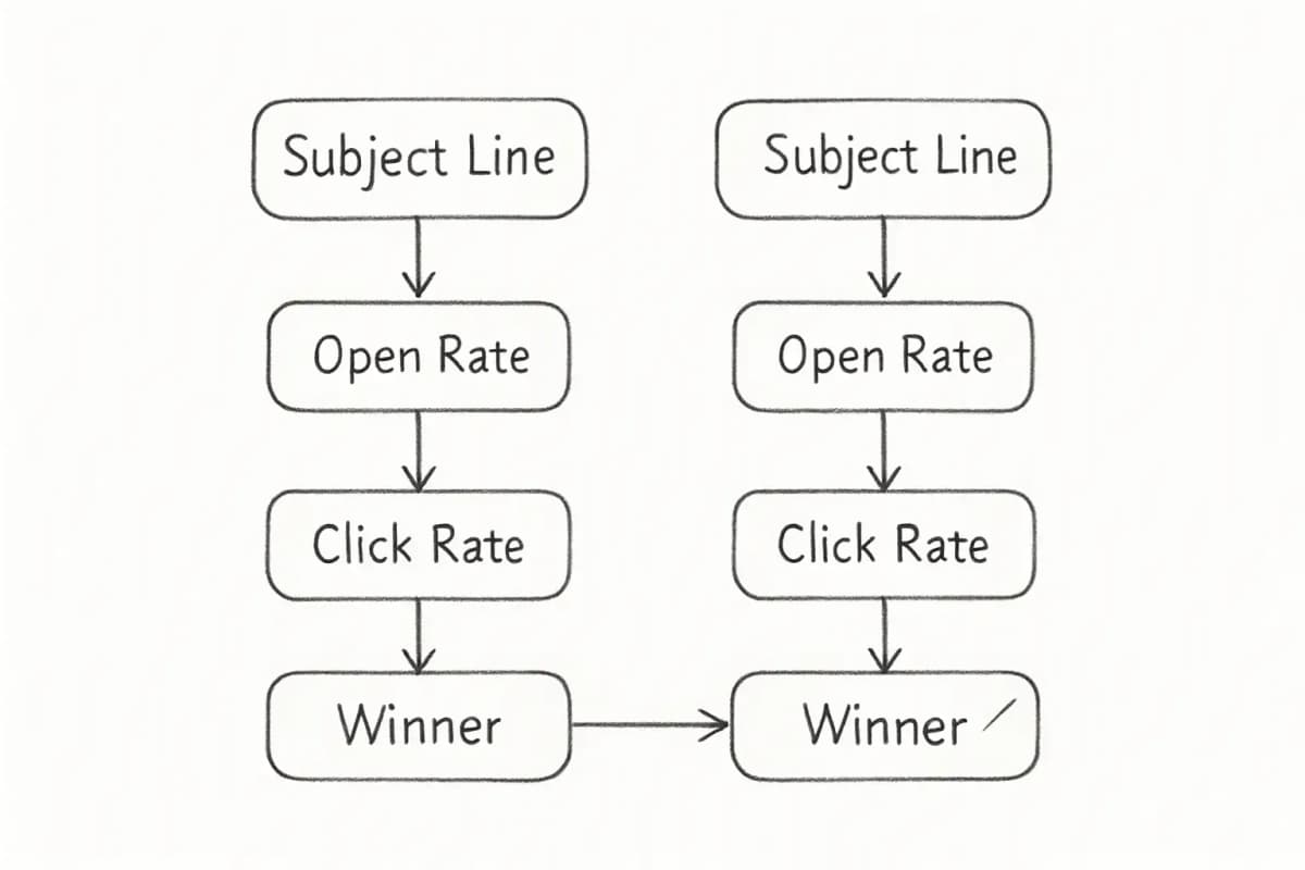 Visuel de comparaison de test A/B montrant deux lignes d'objet d'email côte à côte. Le côté gauche montre une variante de ligne d'objet avec des métriques (taux d'ouverture, taux de clics, taux de conversion). Le côté droit montre une variante alternative de ligne d'objet avec les métriques correspondantes. Incluez une coche ou un badge gagnant sur la variante ayant les meilleures performances. Le visuel doit mettre l'accent sur la méthodologie de test pour les campagnes email en masse, avec des libellés de métriques clairs et une mise en page propre et professionnelle adaptée à l'éducation en email marketing.
