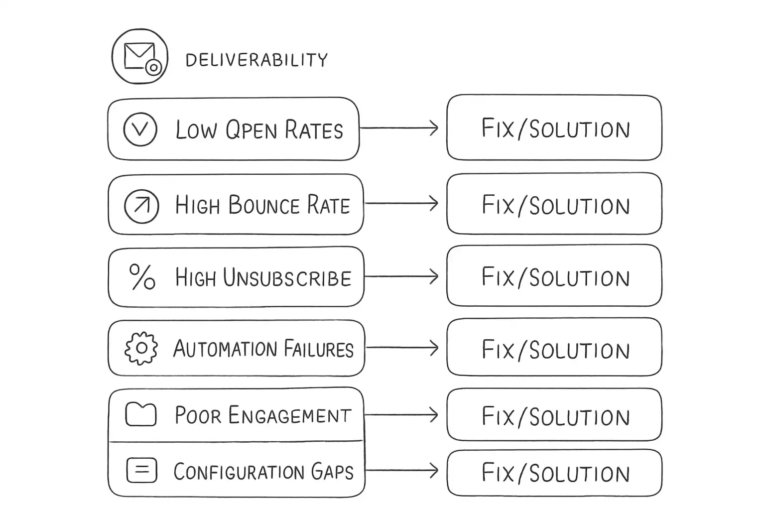 Un diagramme de type checklist montrant 7 problèmes d'email marketing avec leurs solutions. Chaque élément doit afficher une déclaration de problème sur la gauche (par exemple, faibles taux d'ouverture, taux de rebond élevé, emails dans le dossier spam, taux de désinscription élevé, défaillances d'automatisation, signaux d'engagement faibles, lacunes de configuration) associée à une solution ou correction correspondante sur la droite. Utilisez des icônes de coche ou des flèches pour montrer la résolution. Incluez des indicateurs visuels pour la délivrabilité, le taux de rebond et les catégories d'automatisation pour organiser les problèmes en ces trois domaines de problèmes principaux. La mise en page doit ressembler à un guide de dépannage avec une hiérarchie visuelle claire entre le problème et la solution.