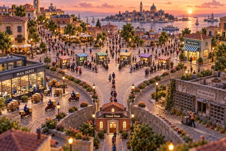 A wide plaza shaped like a funnel, where crowds of tiny pedestrians pour in from six side streets and pass through a row of curbside sign-up kiosks, each with a short queue and a s