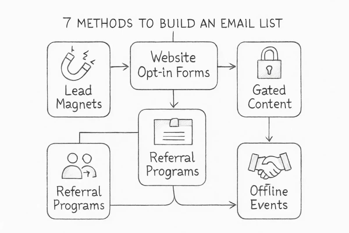 Infographie visuelle affichant 7 méthodes pour construire une liste email arrangées comme des boîtes ou des icônes connectées. Chaque méthode devrait être clairement étiquetée et visuellement distincte. La mise en page devrait s'écouler logiquement, montrant les sept approches comme des alternatives égales qu'un propriétaire d'entreprise peut choisir. Utilisez un design propre et moderne avec des icônes ou des graphiques simples représentant chaque méthode.