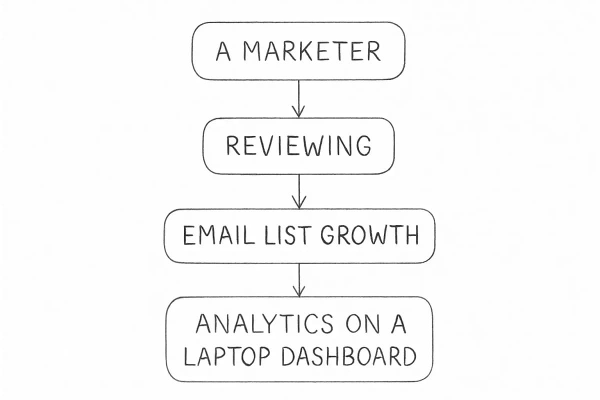 Un spécialiste du marketing examinant les analyses de croissance de liste e-mail sur un tableau de bord d'ordinateur portable