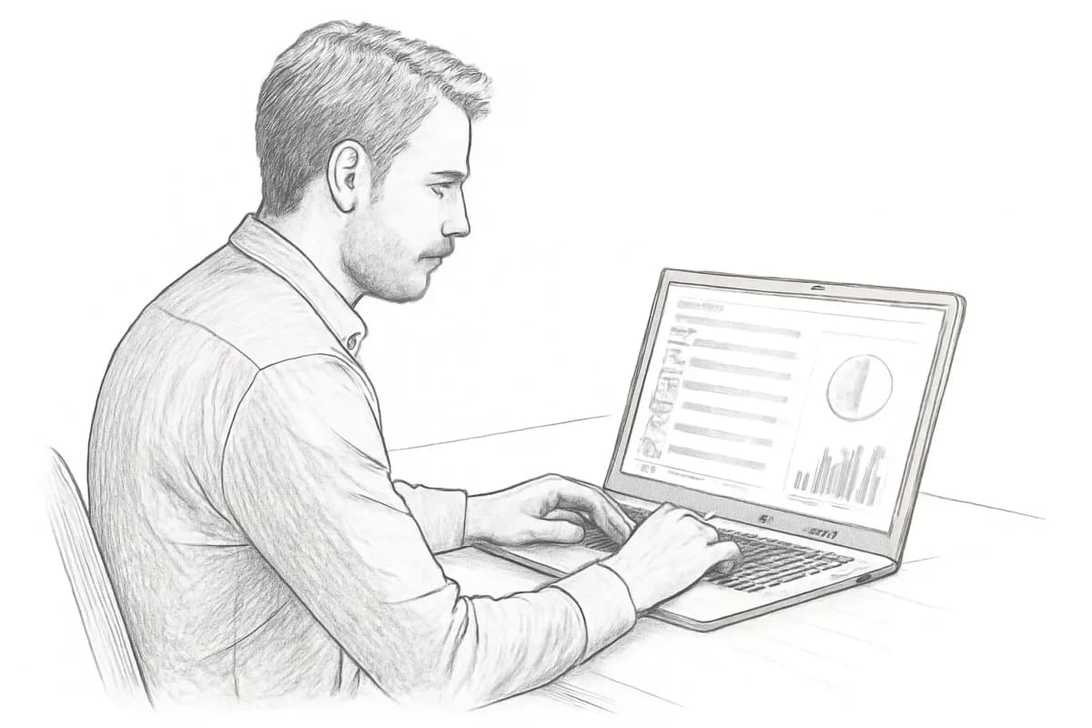 Un marketeur examinant une liste d'emails propre et segmentée sur un ordinateur portable avec des graphiques d'analytics visibles