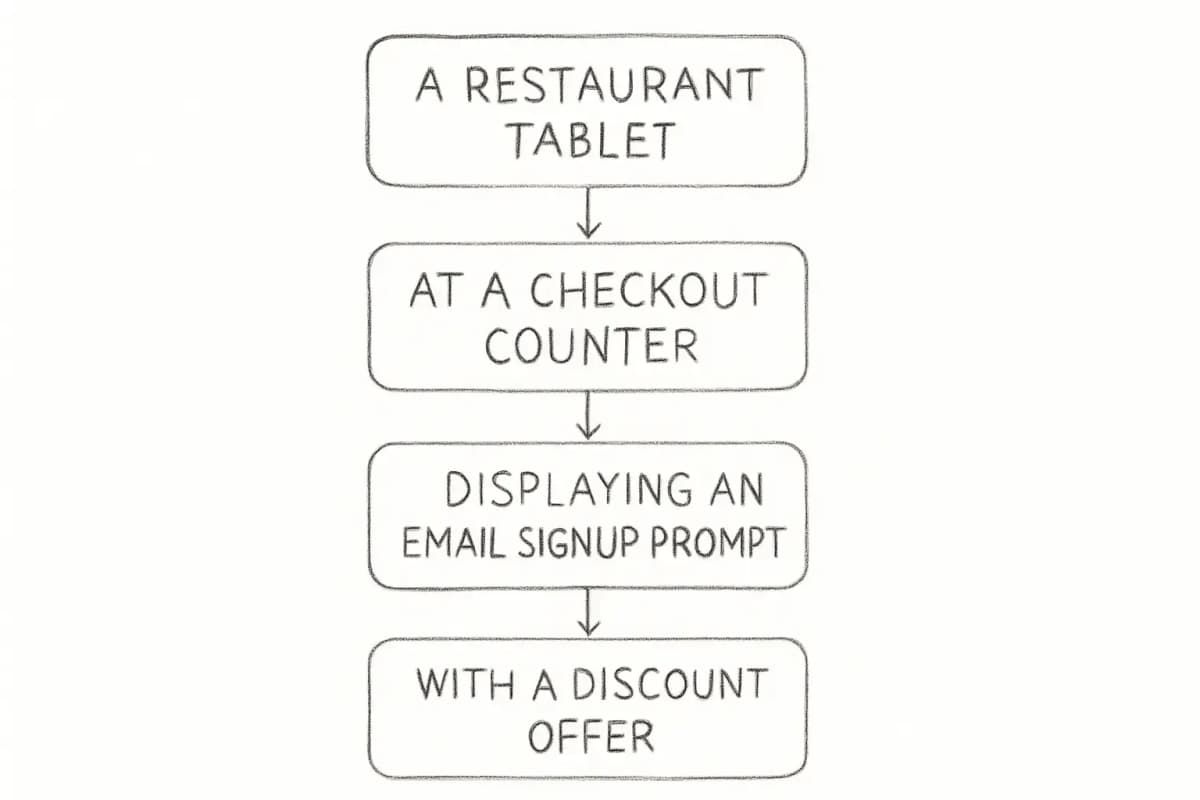 Une tablette de restaurant au comptoir de paiement affichant une invite d'inscription email avec une offre de réduction
