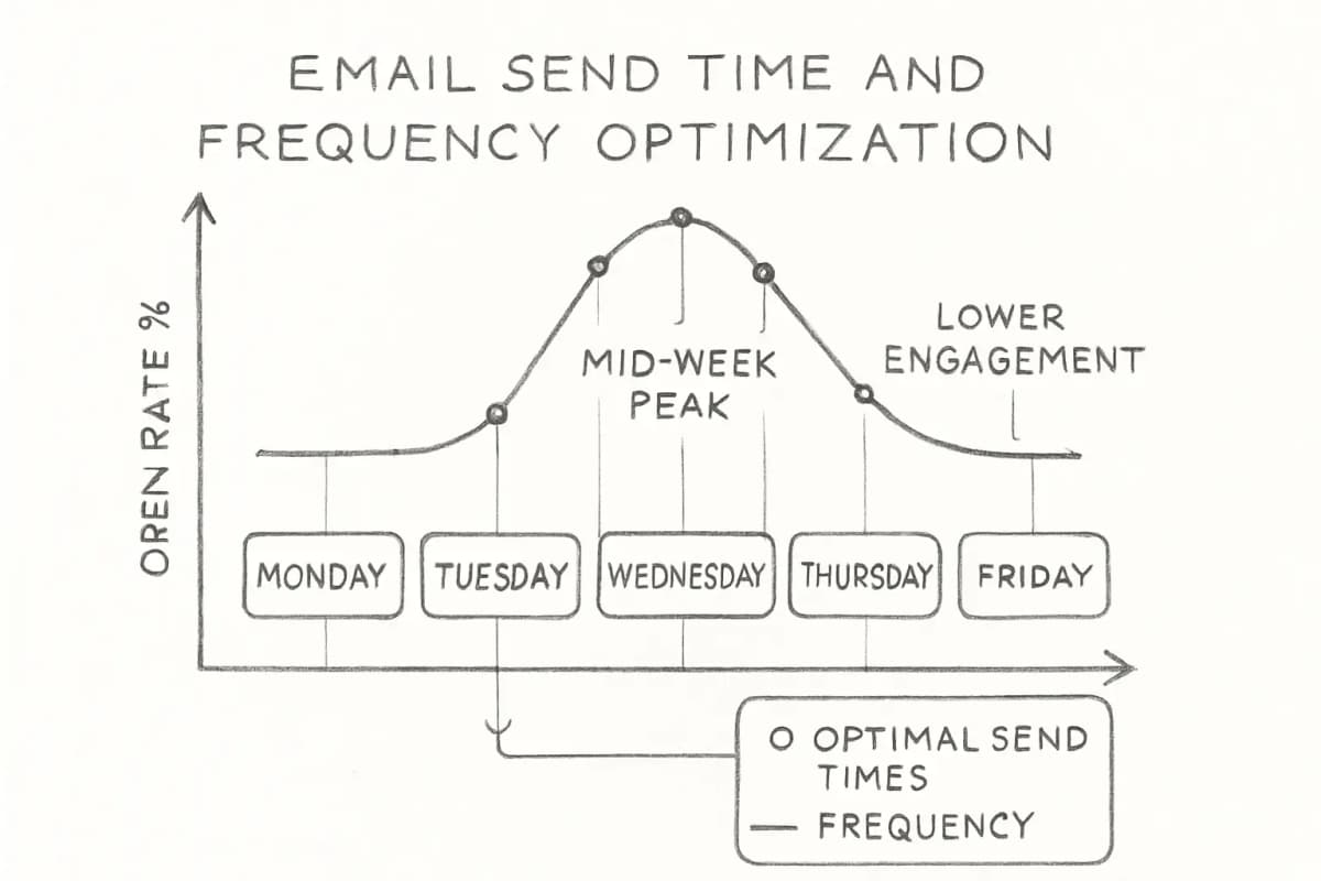 Graphique en courbes montrant l'optimisation du timing et de la fréquence d'envoi d'email tout au long d'une semaine. L'axe des abscisses affiche les jours du lundi au vendredi, l'axe des ordonnées montre les taux d'ouverture ou les métriques d'engagement. Le graphique inclut une ligne de performance montrant les tendances d'engagement avec le milieu de semaine (mardi à jeudi) affichant des pics plus élevés que le lundi et le vendredi. Incluez une légende distinguant les meilleurs horaires d'envoi et les motifs de fréquence. Le visuel doit souligner l'avantage de performance du milieu de semaine avec des marqueurs clairs de points de données.