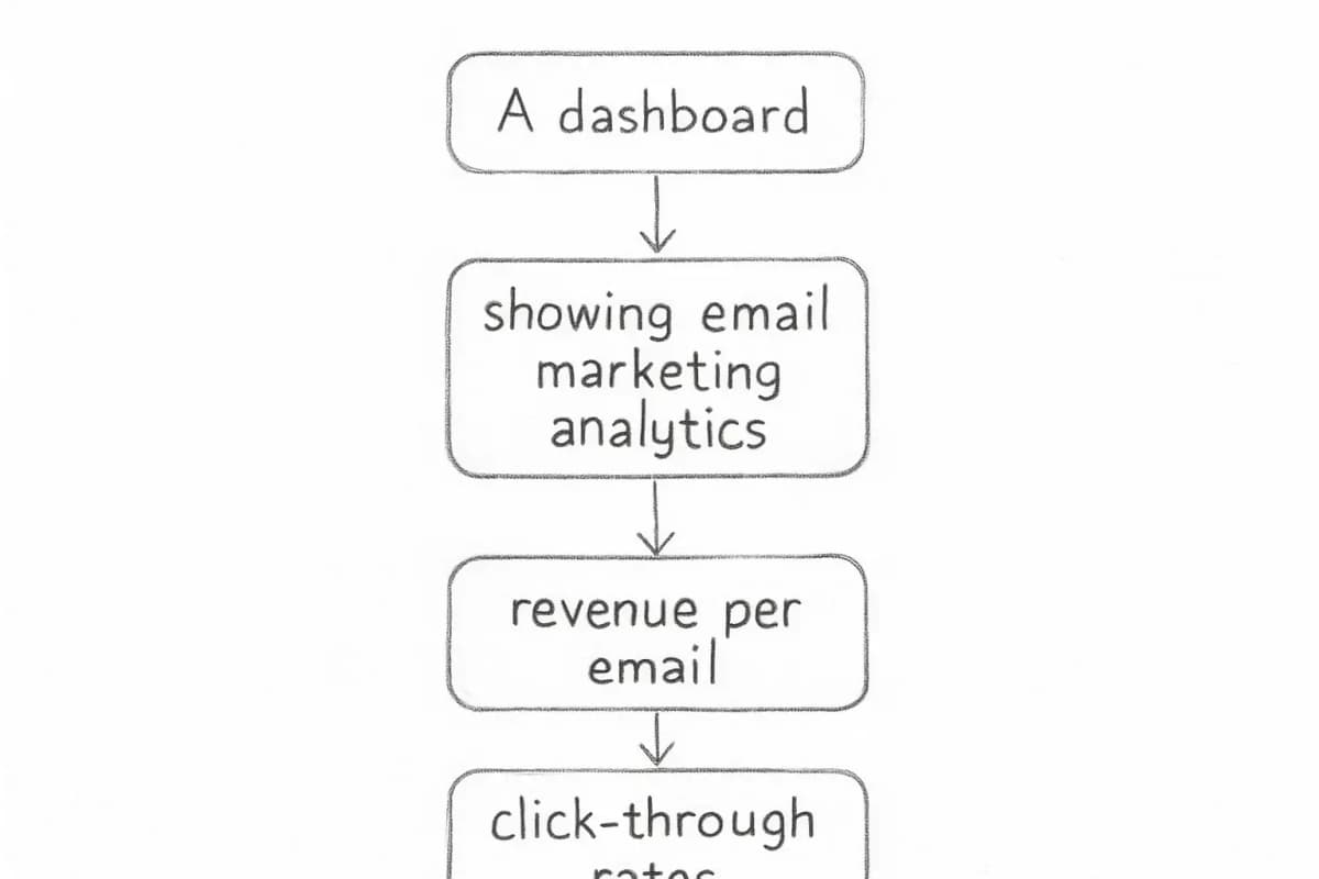 Un tableau de bord montrant les analytiques du marketing email incluant le revenu par email, les taux de clic-through, et