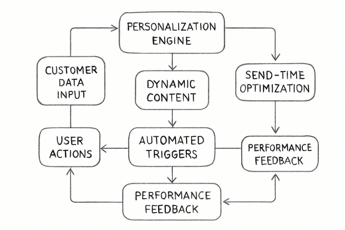 AI email marketing workflow diagram showing three interconnected components: personalization engine receiving customer data and creating dynamic content, send-time optimization analyzing recipient behavior to determine ideal delivery moments, and automated triggers responding to user actions like opens, clicks, and abandonment. Arrows show how these three systems work together in a unified flow, with feedback loops returning performance data back to each component for continuous improvement.