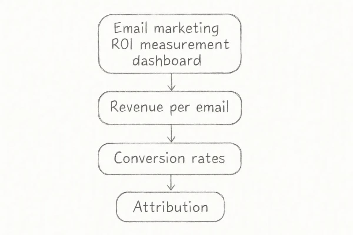 Tableau de bord de mesure du ROI du marketing par email montrant le revenu par email, les taux de conversion et l'attribution