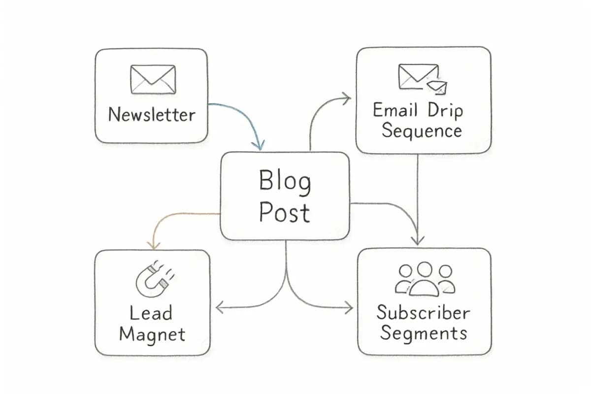 Un diagramme de flux montrant un flux de travail de réutilisation de contenu. Commencez par un seul article de blog au centre. Quatre flèches s'étendent vers quatre résultats différents: infolettre, séquence d'email de goutte, lead magnet et segments d'abonnés. Chaque zone de résultat devrait montrer comment le contenu original se transforme pour ce canal. Utilisez un fond clair avec des chemins codés par couleur (par exemple, bleu pour l'infolettre, vert pour la séquence de goutte, orange pour le lead magnet, violet pour les segments). Incluez de petites icônes représentant chaque type de canal.