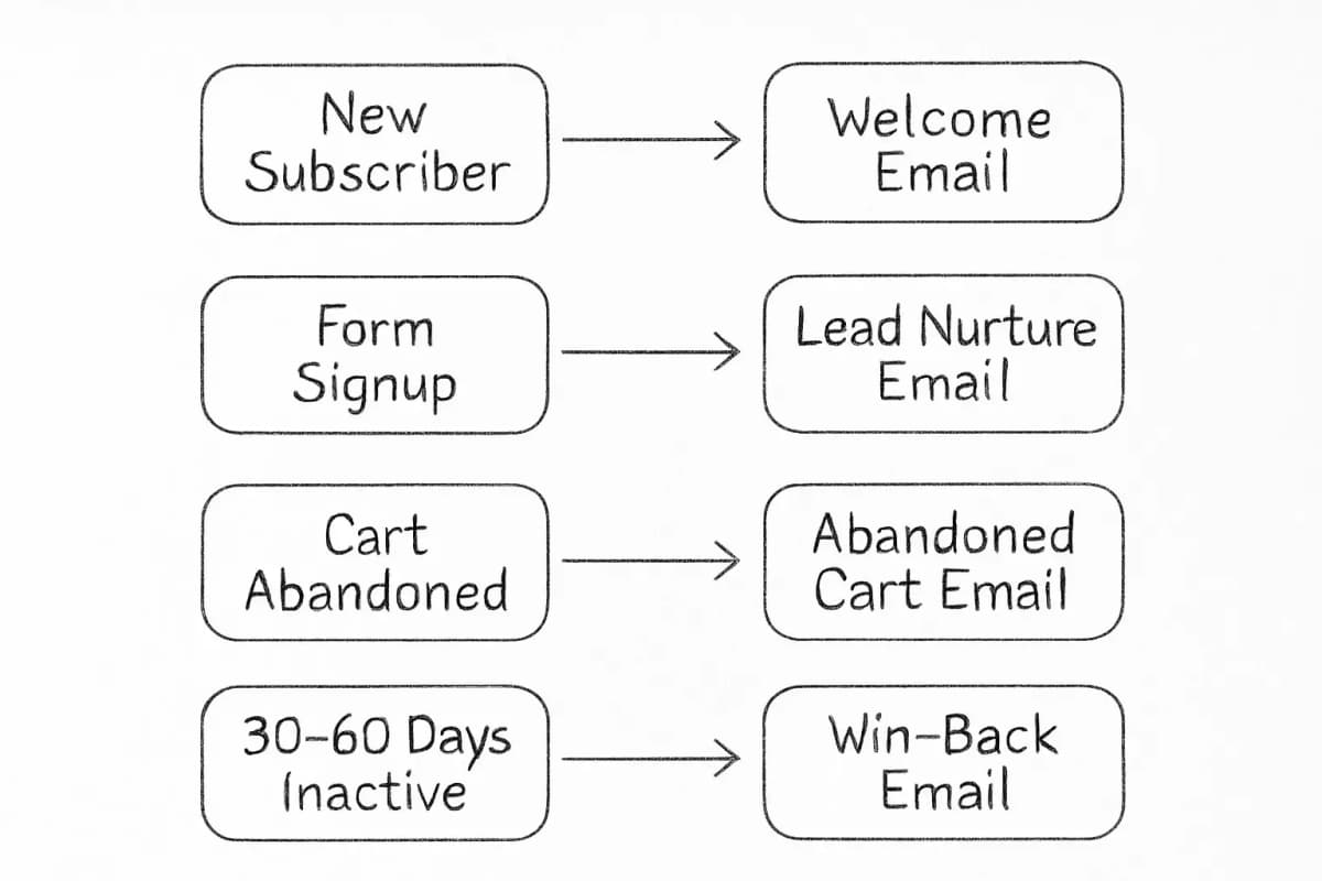 Diagramme d'organigramme montrant quatre pistes paralleles de workflows d'automatisation des emails. Chaque piste commence avec un evenement declencheur sur la gauche (fleche pointant vers la droite) et circule vers une case d'envoi d'email. Les quatre pistes sont etiquetees: (1) Piste de bienvenue declenchee par nouvel abonne, (2) Piste de nurture des prospects declenchee par inscription au formulaire, (3) Piste de panier abandonne declenchee par abandon du panier, (4) Piste de reengagement declenchee par inactivite (30-60 jours). Chaque piste devrait afficher la condition de declenchement sur la gauche, une fleche horizontale au milieu et l'action email automatisee correspondante sur la droite. Utilisez un design minimaliste et propre avec des rectangles arrondis pour les boites et des connecteurs de fleche simples.