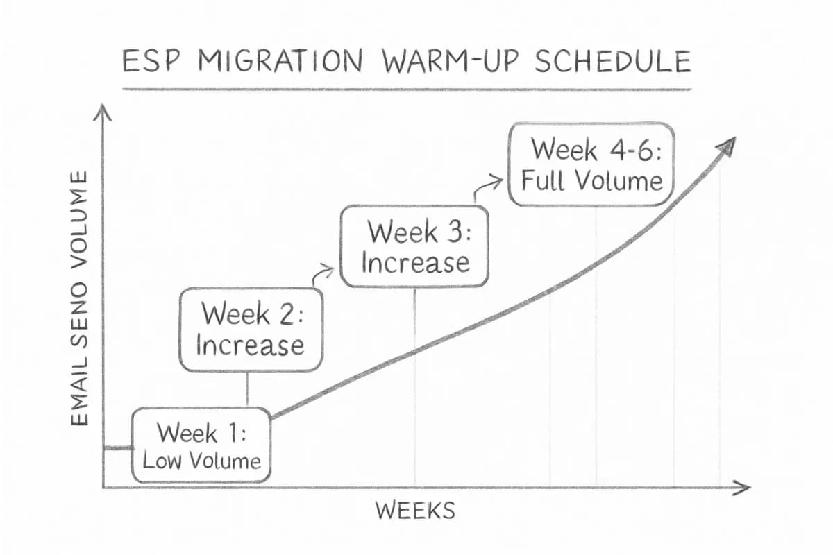 Visualisation du calendrier d'échauffement de la migration ESP montrant un graphique linéaire ou un diagramme chronologique s'étendant sur 4 à 6 semaines. L'axe des abscisses représente le temps en semaines (Semaine 1 à Semaine 4-6), et l'axe des ordonnées représente le volume d'emails envoyés en pourcentage ou nombre d'emails. La ligne commence bas la semaine 1 et augmente progressivement selon une courbe échelonnée ou lisse jusqu'à la semaine 4-6, illustrant le modèle d'augmentation progressive du volume recommandé pour la récupération de la réputation du domaine d'envoi lors de la migration d'ESP. Incluez des indicateurs visuels pour chaque incrément de volume d'envoi hebdomadaire.