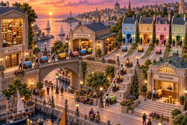 A tiny two-block city where a records hall stacked with card-file drawers connects by a short arched bridge to a mail depot; a steady line of little carts rolls across, each carryi