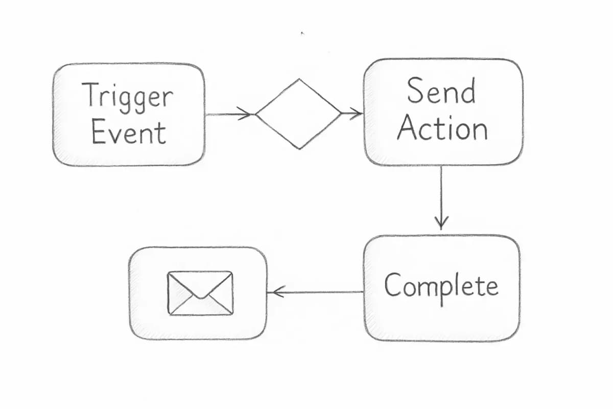 Diagramme de workflow d'automatisation email montrant un processus linéaire avec trois étapes principales : un événement déclencheur (action ou condition d'abonné), un point de décision ou une vérification de condition, et une étape d'action ou d'envoi. Le diagramme doit utiliser des boîtes connectées ou des nœuds avec des flèches montrant le sens du flux de gauche à droite. Incluez des éléments visuels comme des icônes d'enveloppe pour les envois d'email et des losanges de décision pour la logique conditionnelle. Le design global doit transmettre l'automatisation fonctionnant en continu sans intervention manuelle.