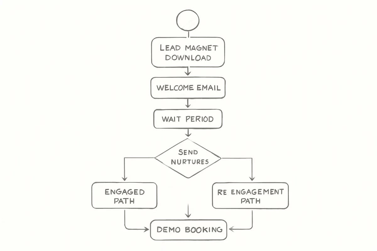 Diagramme de workflow d'automatisation d'email B2B montrant un organigramme vertical avec plusieurs points de décision et branches. Commencer par un déclencheur de téléchargement de lead magnet en haut, coulant à travers une séquence de bienvenue automatisée. Inclure un nœud de délai chronométré (période d'attente), suivi par des diamants de décision basés sur le comportement qui se ramifient selon les ouvertures d'email et les signaux d'engagement. Montrer un chemin menant à des séquences de nurturing pour les prospects engagés et un autre chemin pour les campagnes de réengagement. Terminer avec un nœud de réservation de démo ou de remise aux ventes. Utiliser des icônes ou un code couleur pour distinguer les événements déclencheurs (cercles), les actions (rectangles), les points de décision (diamants) et les résultats. Inclure des flèches montrant la direction du flux et les scissions conditionnelles basées sur le comportement du prospect plutôt que sur le seul passage du temps.
