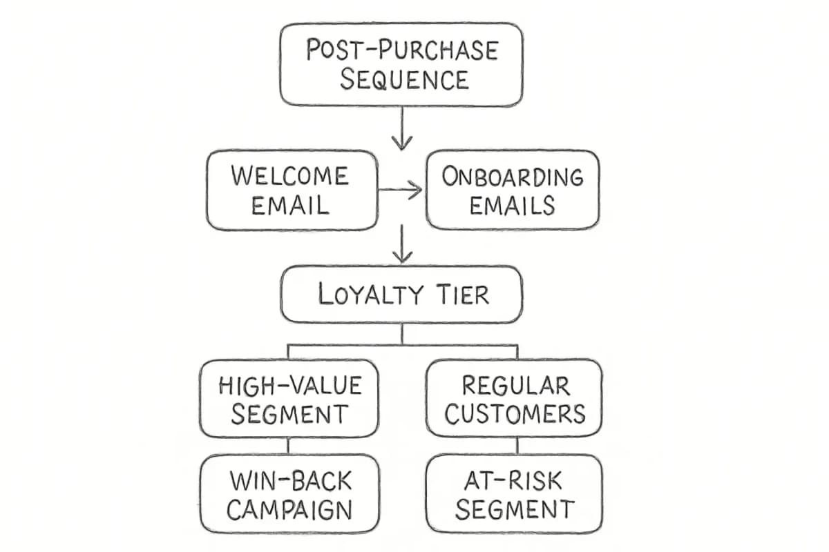 Diagramme d'entonnoir de rétention email marketing montrant trois étapes séquentielles : étape de séquence post-achat avec emails de bienvenue et d'onboarding affluant vers les clients engagés, étape de palier de fidélité montrant les campagnes segmentées selon la valeur client et la fréquence d'achat, et étape de campagne de réactivation ciblant les clients inactifs ou à risque avec des offres de réengagement. Des flèches relient chaque étape verticalement pour montrer la progression dans l'entonnoir, avec des segments de clients se branchant à chaque niveau.