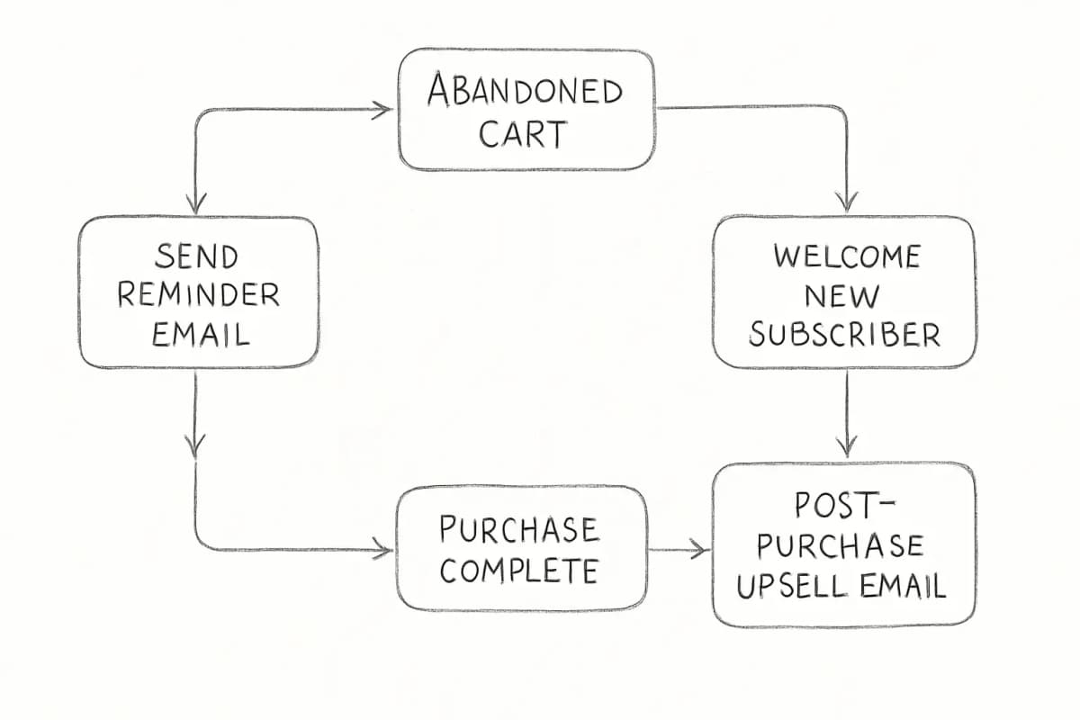Diagramme de flux d'automation email Shopify montrant trois principaux types de campagne : flux de panier abandonné (le client ajoute un article au panier, reçoit un email de rappel après un délai), flux de bienvenue (le nouvel abonné reçoit un email d'introduction), et flux post-achat (le client termine son achat, reçoit une confirmation de commande et une opportunité de vente supplémentaire). Chaque flux doit montrer l'événement déclencheur à gauche, l'action email au centre, et le résultat souhaité à droite. Utilisez des flèches pour connecter les étapes séquentiellement.