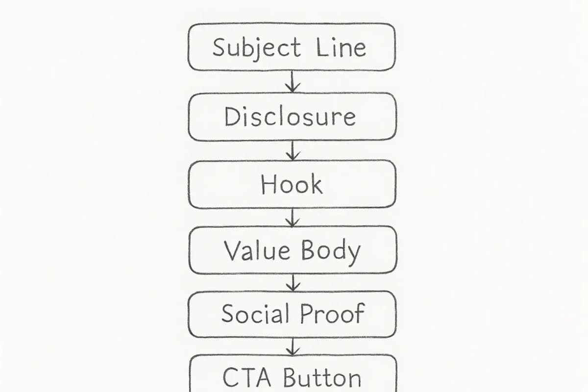 A structured diagram showing the anatomy of a high-converting affiliate email with six sequential components stacked vertically or arranged horizontally: Subject Line (at top), Disclosure statement, Hook paragraph, Value Body section with main content, Social Proof element showing credibility, and a Single CTA Button at bottom. Each component should be clearly labeled and show how they flow together to create a complete email structure.